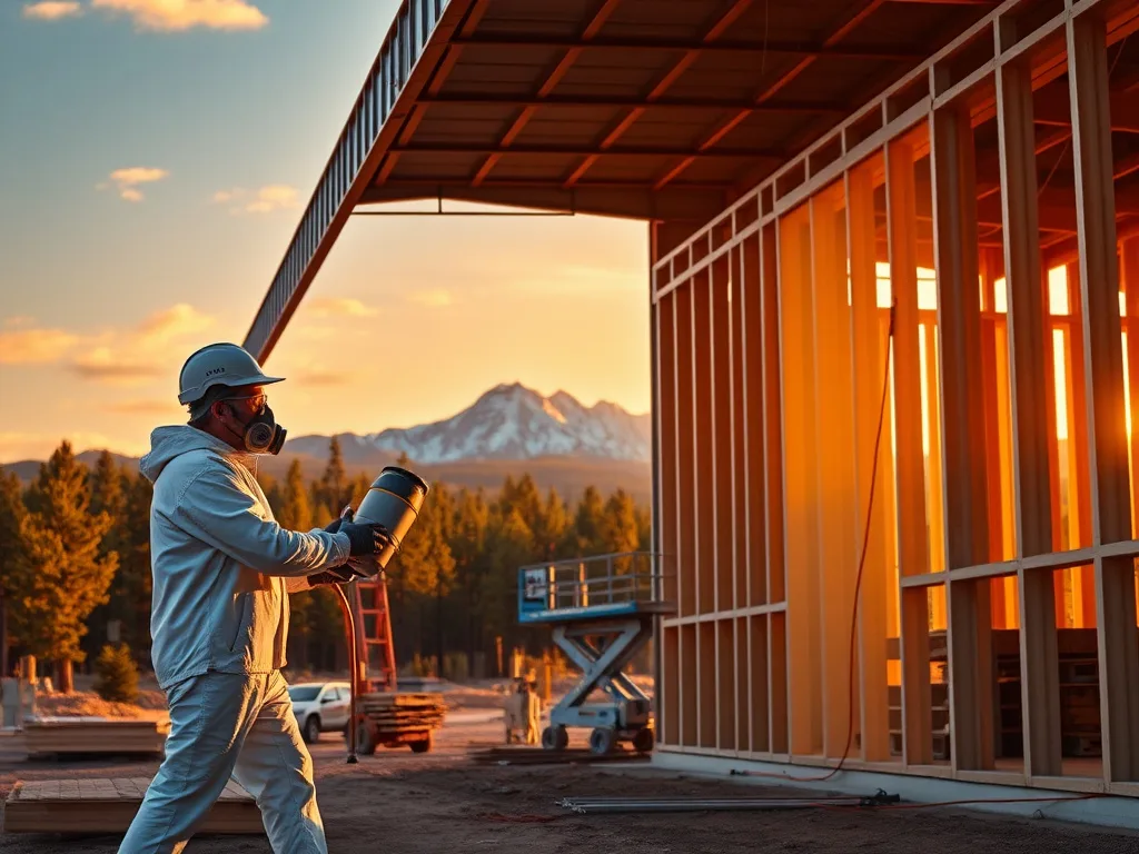 Spray foam insulation being applied inside a new construction building shell in Flagstaff, AZ
